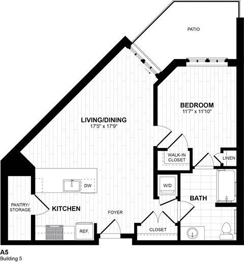 Floor plan for 1 bed, 1 bath, 821 sqft
