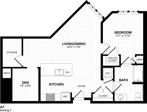 Floor plan for 1 bed, 1 bath, 963 sqft