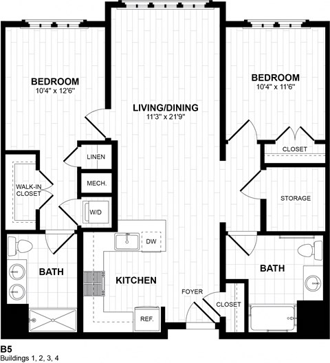 Floor plan for 2 beds, 2 baths, 1105 sqft