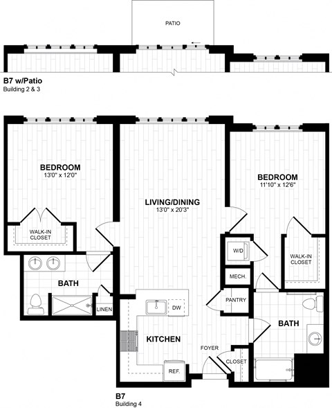 Floor plan for 2 beds, 2 baths, 1152 sqft