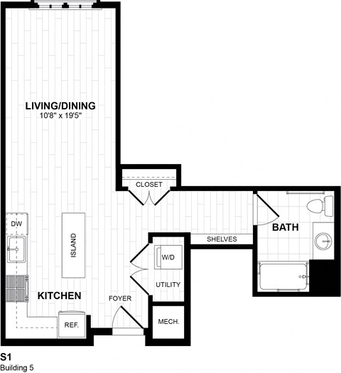 Floor plan for studio, 1 bath, 602 sqft
