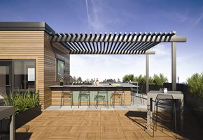 Hackensack apartment for rent - a rendering of a rooftop patio with an outdoor bar and dining area