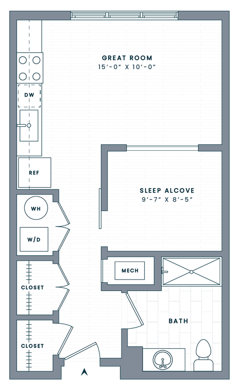 Floor plan for studio, 1 bath, 534 sqft