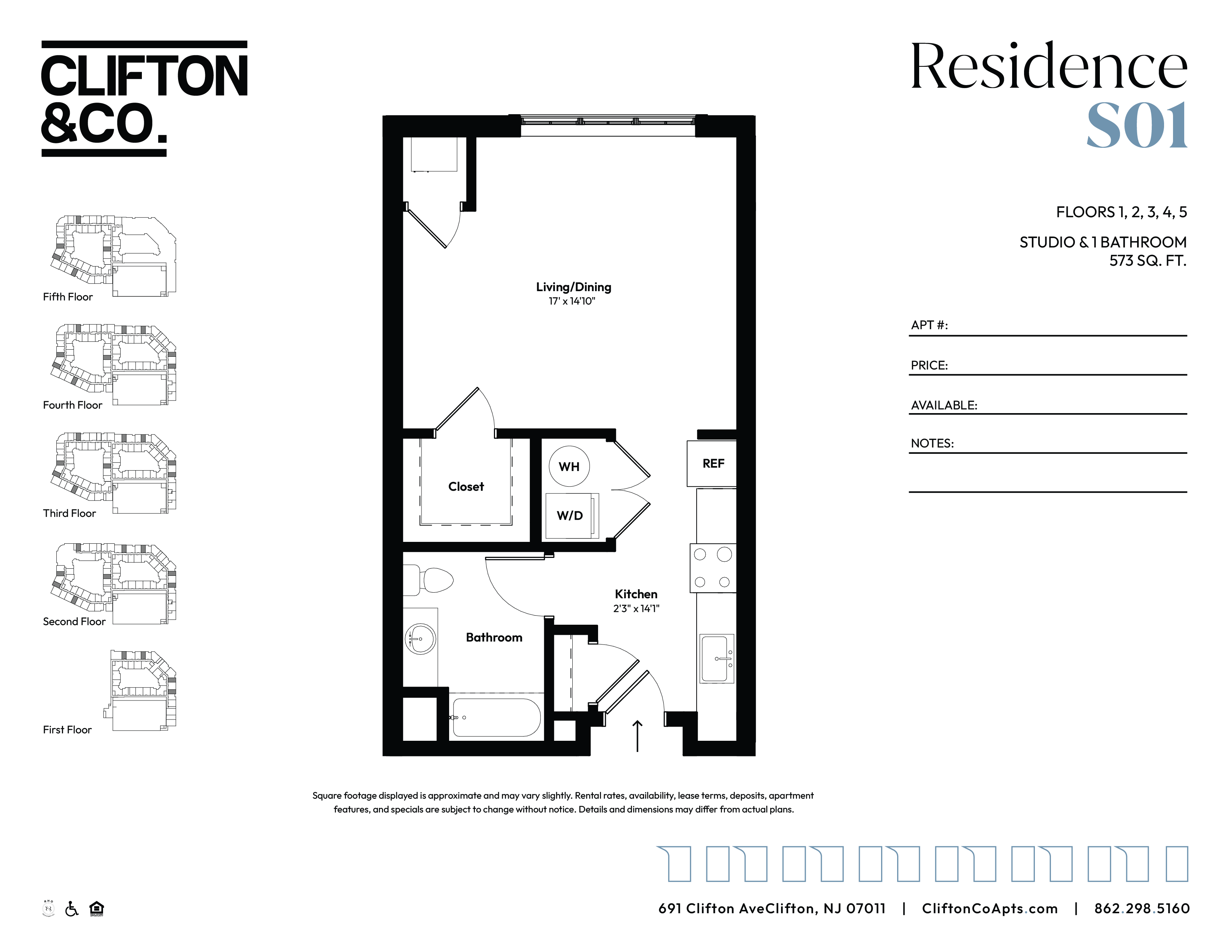Floor plan for studio, 1 bath, 573 sqft