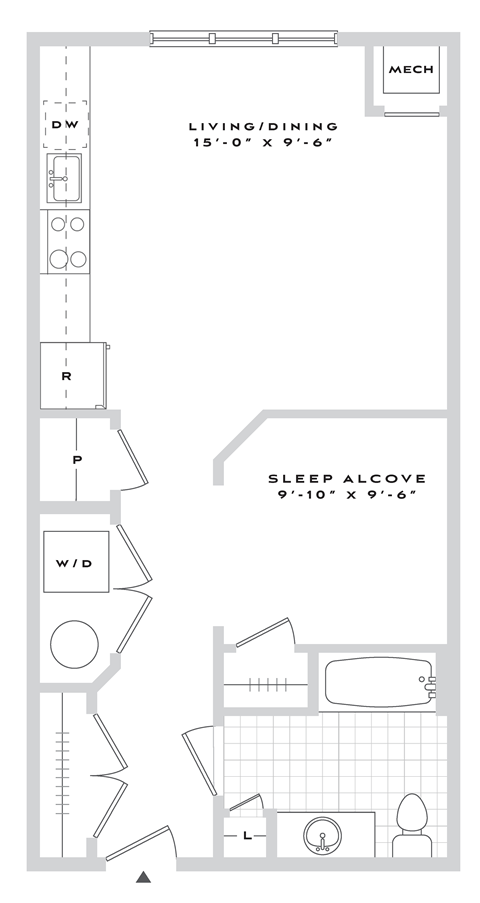 Floor plan for studio, 1 bath, 630 sqft