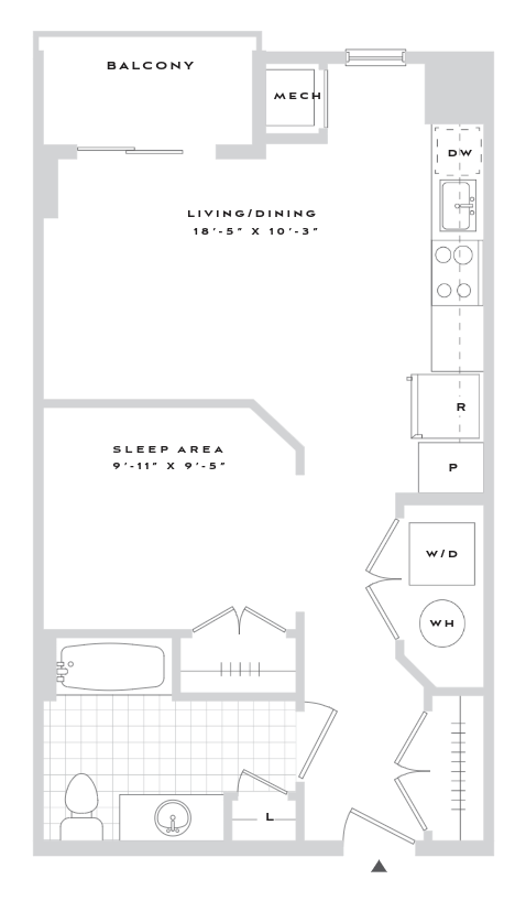 Floor plan for studio, 1 bath, 631 sqft