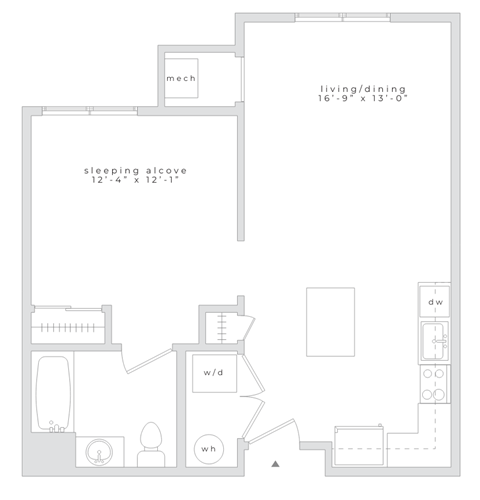 Floor plan for studio, 1 bath, 662 sqft