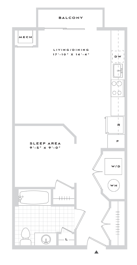 Floor plan for studio, 1 bath, 654 sqft