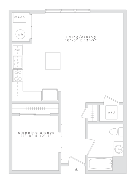 Floor plan for studio, 1 bath, 701 sqft