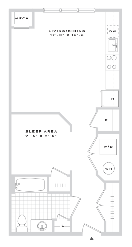 Floor plan for studio, 1 bath, 659 sqft