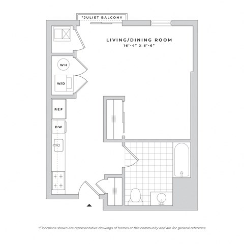 Floor plan for studio, 1 bath, 545 sqft