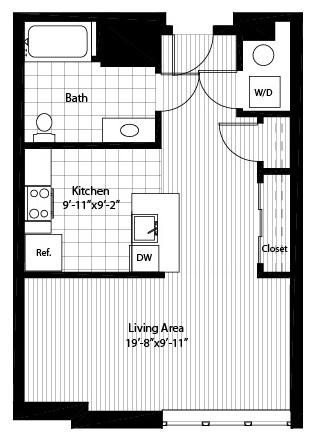 Floor plan for studio, 1 bath, 595 sqft