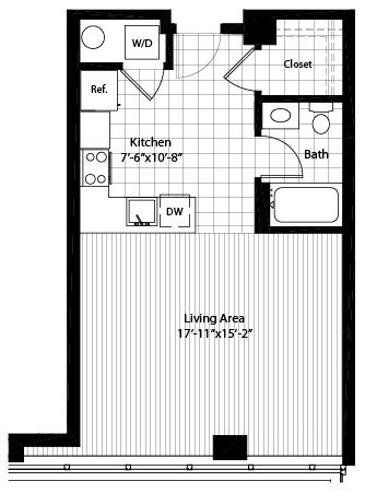 Floor plan for studio, 1 bath, 624 sqft
