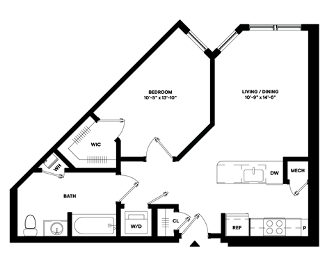 Floor plan for 1 bed, 1 bath, 645 sqft