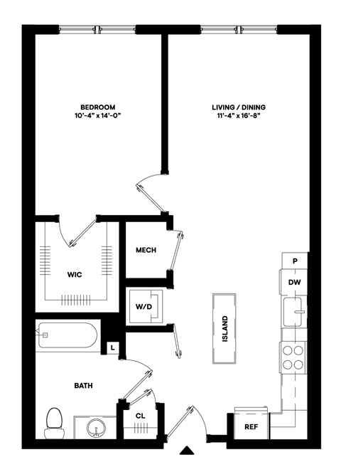 Floor plan for 1 bed, 1 bath, 702 sqft