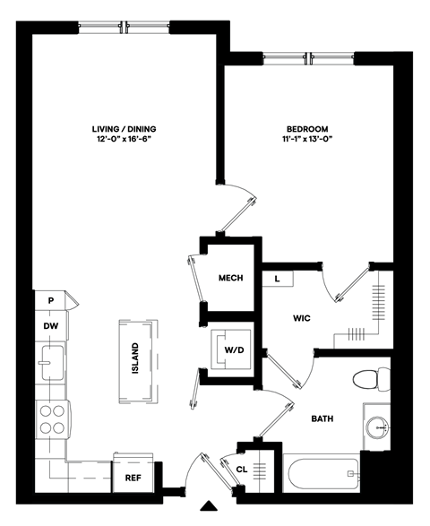 Floor plan for 1 bed, 1 bath, 707 sqft
