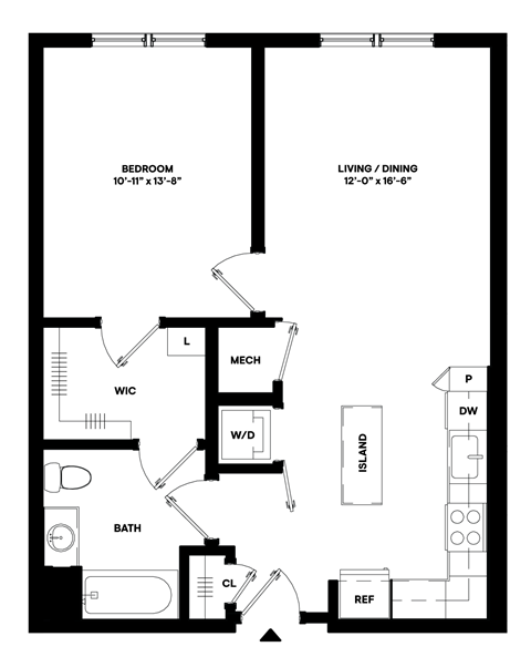 Floor plan for 1 bed, 1 bath, 735 sqft