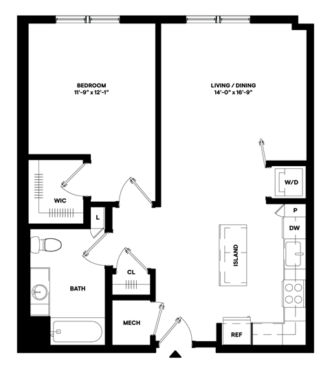Floor plan for 1 bed, 1 bath