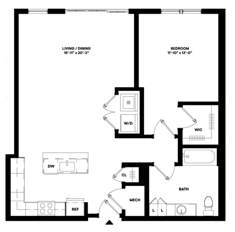 Floor plan for 1 bed, 1 bath, 950 sqft