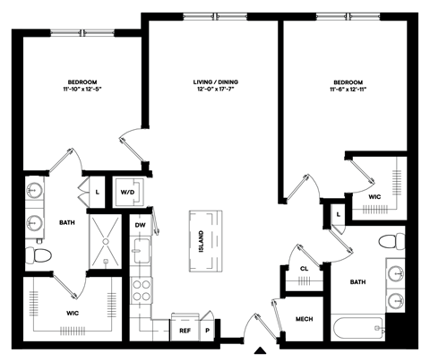 Floor plan for 2 beds, 2 baths, 1078 sqft
