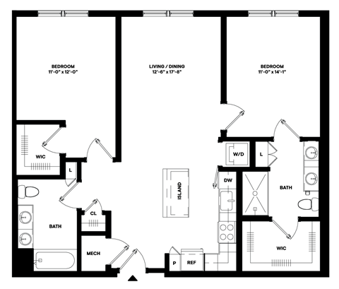 Floor plan for 2 beds, 2 baths, 1100 sqft