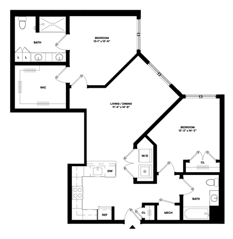 Floor plan for 2 beds, 2 baths, 1123 sqft