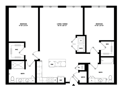 Floor plan for 2 beds, 2 baths, 1278 sqft