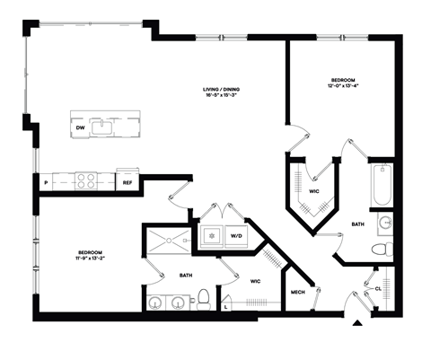 Floor plan for 2 beds, 2 baths, 1324 sqft