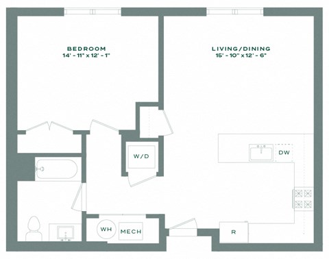 Floor plan for 1 bed, 1 bath, 734 sqft