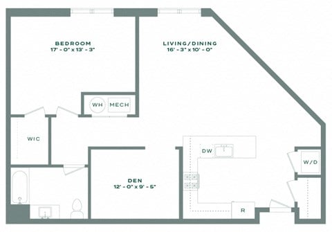 Floor plan for 1 bed, 1 bath, 1045 sqft