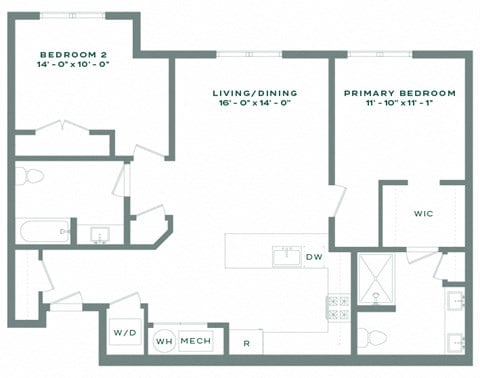 Floor plan for 2 beds, 2 baths, 1112 sqft