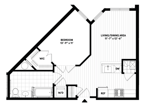 Floor plan for 1 bed, 1 bath, 639 sqft