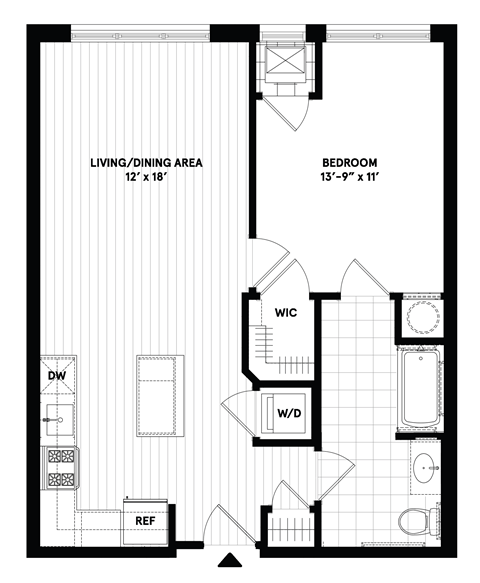 Floor plan for 1 bed, 1 bath, 718 sqft