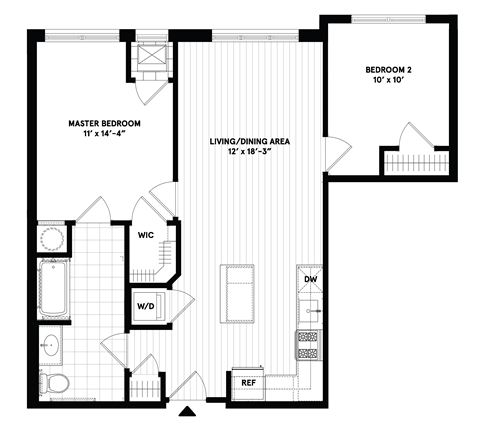 Floor plan for 2 beds, 1 bath, 850 sqft