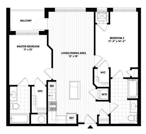 Floor plan for 2 beds, 2 baths, 962 sqft
