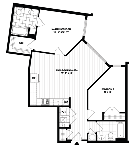 Floor plan for 2 beds, 2 baths, 1050 sqft
