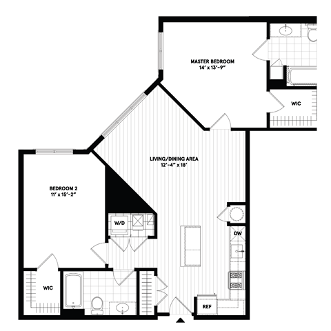 Floor plan for 2 beds, 2 baths, 1086 sqft