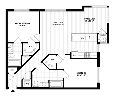 Floor plan for 2 beds, 2 baths, 1102 sqft