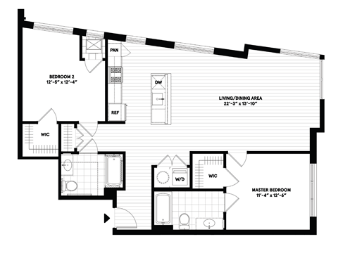Floor plan for 2 beds, 2 baths, 1156 sqft