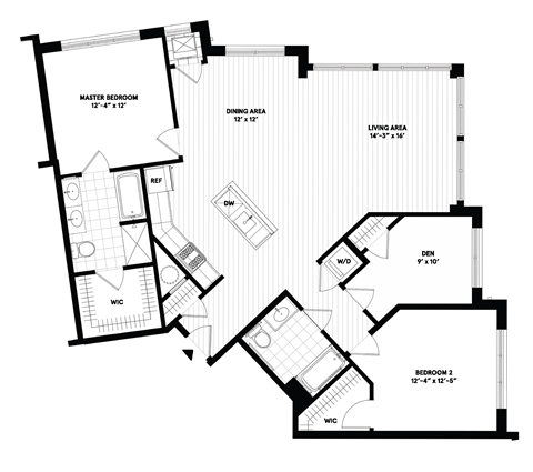 Floor plan for 2 beds, 2 baths, 1400 sqft