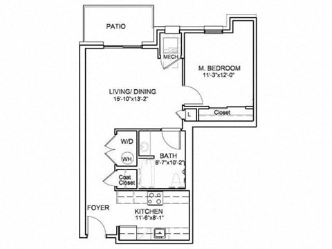 Floor plan for 1 bed, 1 bath, 698 sqft