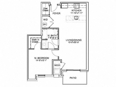 Floor plan for 1 bed, 1 bath, 799 sqft