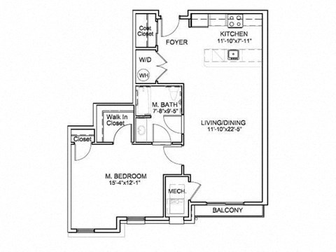 Floor plan for 1 bed, 1 bath, 870 sqft