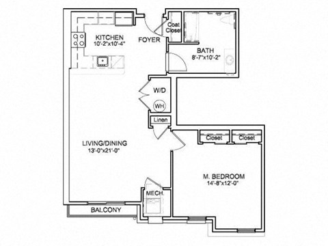 Floor plan for 1 bed, 1 bath, 867 sqft