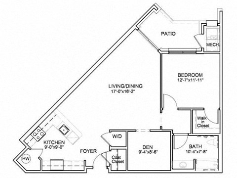 Floor plan for 1 bed, 1 bath, 937 sqft