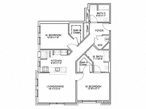 Floor plan for 2 beds, 2 baths, 1115 sqft