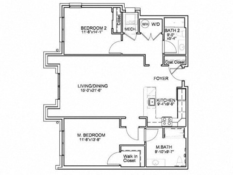 Floor plan for 2 beds, 2 baths, 1156 sqft