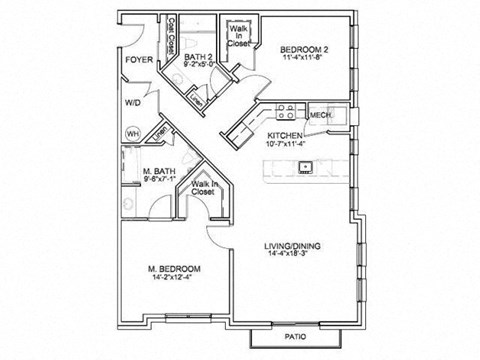 Floor plan for 2 beds, 2 baths, 1211 sqft