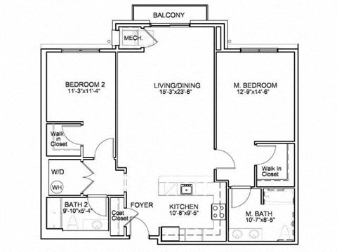 Floor plan for 2 beds, 2 baths, 1238 sqft