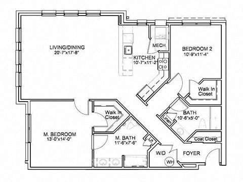Floor plan for 2 beds, 2 baths, 1275 sqft